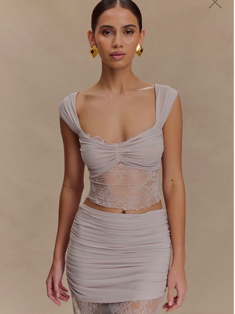 Meshki Sheer Lace Ruched set in Lilac - Lace And Mesh Top & Skirt